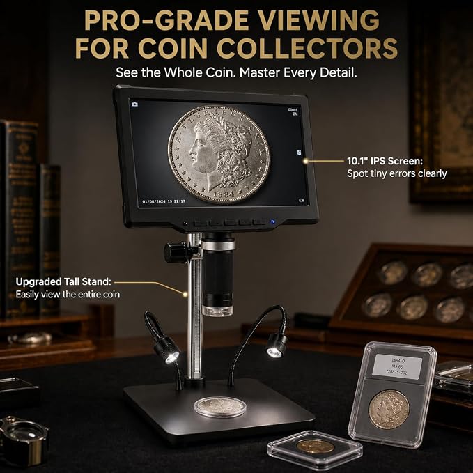 Digital Microscope for Soldering, 10.1" IPS Screen, 1200X Coin Microscope with 16MP Camera, 1080P Video, Adjustable 8+2 LED Lights, Remote Control, PC View for Electronics Repair, Adults