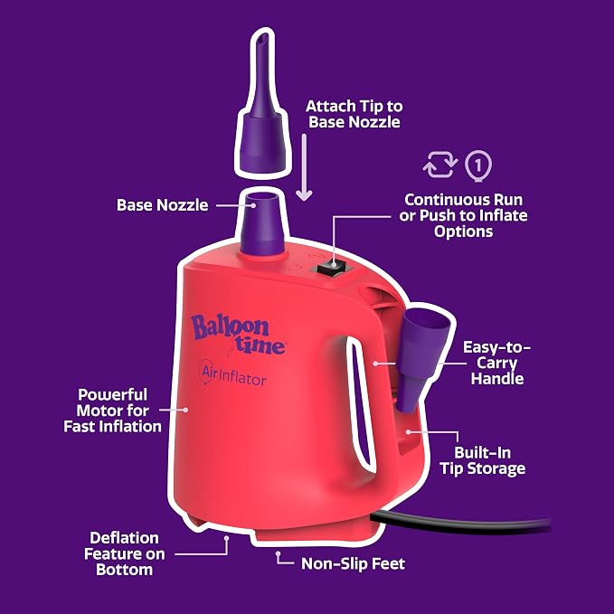 Balloon Time Electric Air Inflator and Deflator - Powerful Portable Electric Air Pump for Balloons, Balloon Arch, Party Decorations, Inflatables, and Air Mattresses