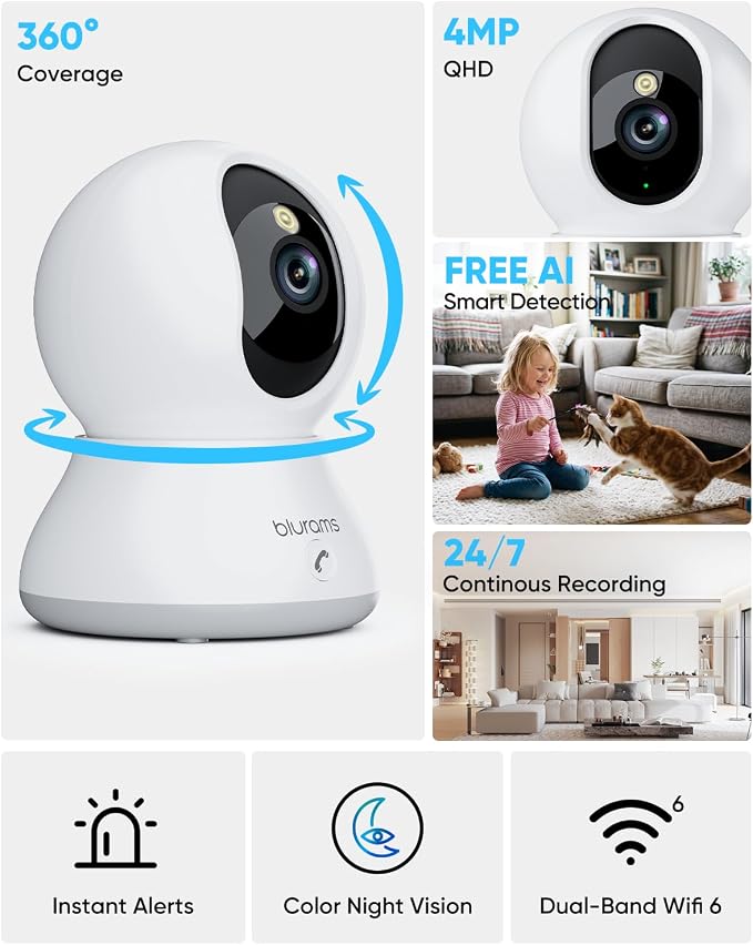 blurams 4MP Cameras for Home Security, 360° PTZ Pet Indoor Camera with Phone App, One-Touch Call, Dual-Band WiFi 6, Free Human/Pet/Motion/Sound/Cry Detection, Compatible with Alexa