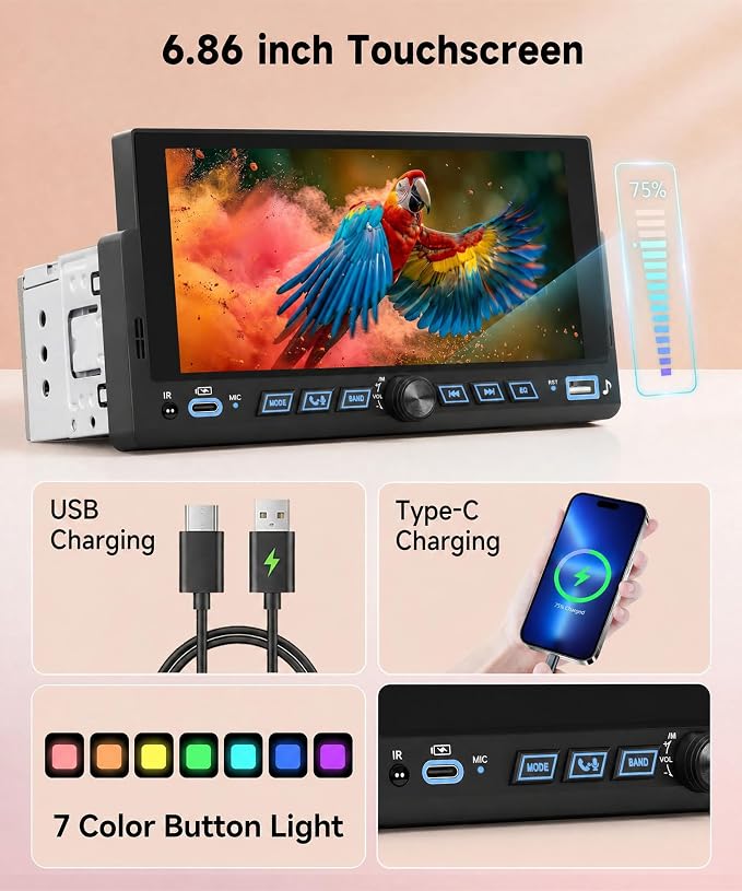 Single Din Car Stereo Wirelsss Carplay Android Auto, 1 Din Head Unit Bluetooth Backup Camera, 6.86" HD Touchscreen Radio, FM EQ USB-Type-C, Mirror Link SWC, Voice Control, Car Stereo Receivers