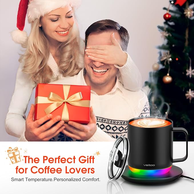 Vsitoo S6 Plus 12oz Smart Self Heating Coffee Mug, AI Auto-Sensing Heated Espresso Mug Temp Control 120-150℉, Rechargeable Mug Warmer with Music LED, IPX7 Gift for Women Men- Black