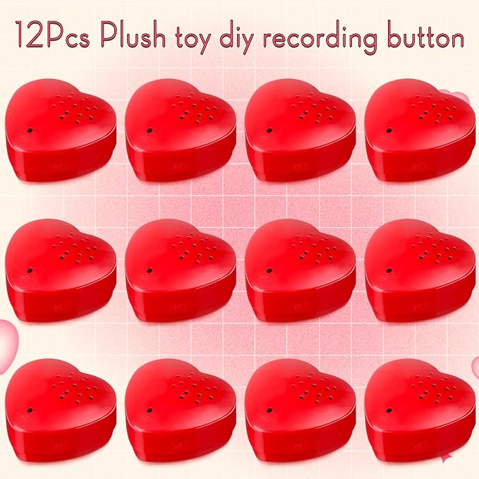 Fabbay 12 Pack Voice Recorder for Stuffed Animal Push Button Sound Recorder Heart Shaped Recordable Button Voice Recording Button Box Device for Plush Toy Bear Module Record Messages, Red (30 Seconds)