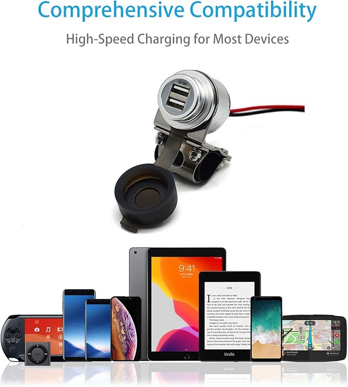 Cliff Top Motorcycle USB Charger Waterproof Dual USB Port 4A 20W Aluminium, with Magnetic Power Switch Heavy Duty for 7/8’’ and 1’’ Handlebars - Prevents Battery Drain (Silver)