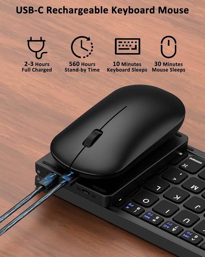 Foldable Keyboard and Mouse, Folding Wireless Keyboard Mouse Combo with Portable Case, Rechargeable 2.4G Wireless+Bluetooth Multi-Device Combo for Windows, iOS, Android, macOS PC/Laptop/Tablet