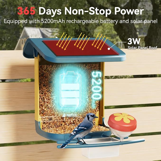 Smart Bird Feeder with Camera, Solar Powered, 2K HD Live View, Weatherproof for Outdoors, AI Identification & Instant Alerts, 2.4GHz, Easy Setup & Refilling, Gift for Bird Watching (Dark Blue)