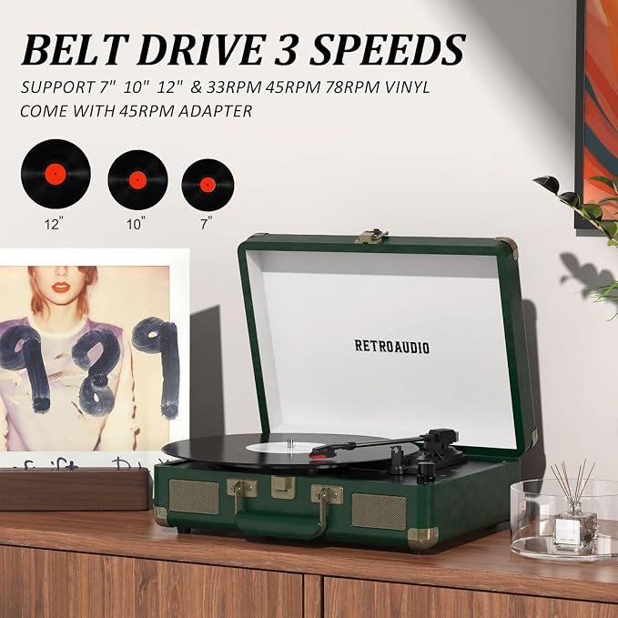 Vinyl Record Player 3 Speed Bluetooth Portable Suitcase Belt-Driven Record Player with 2 Built-in Stereo Speakers Vinyl Vintage Turntable Records Player with RCA Line Out, AUX Out (Dark Green)