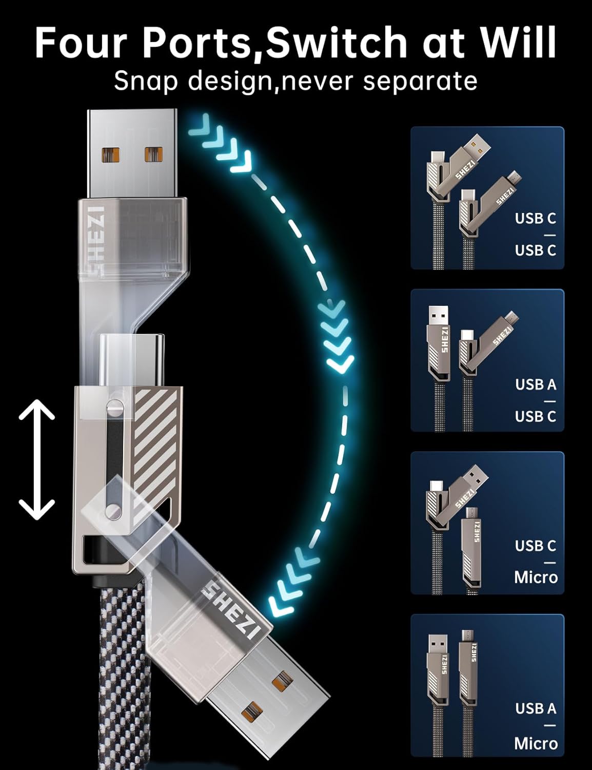 【One is Enough】 4-in-1 USB C to Micro Cable, High-Speed Charging & Fast Data Transfer,CarPlay & Android Auto Support Multi Charger Cord Combo Micro/Type C/USB A for iPhone/Samsung/iPad,5FT
