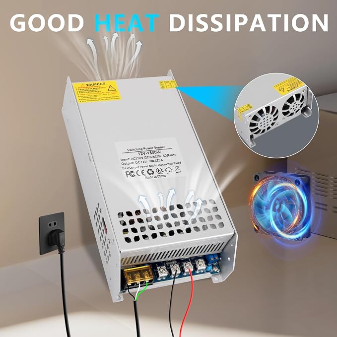 12V 125A 1500W Power Supply Transformer, 110V AC to DC 12V Converter Adapter 125A 1500W SMPS, DC Switching Power Supply for LED Strip Motor Pump CCTV Camera System Car Stereo 3D Printer