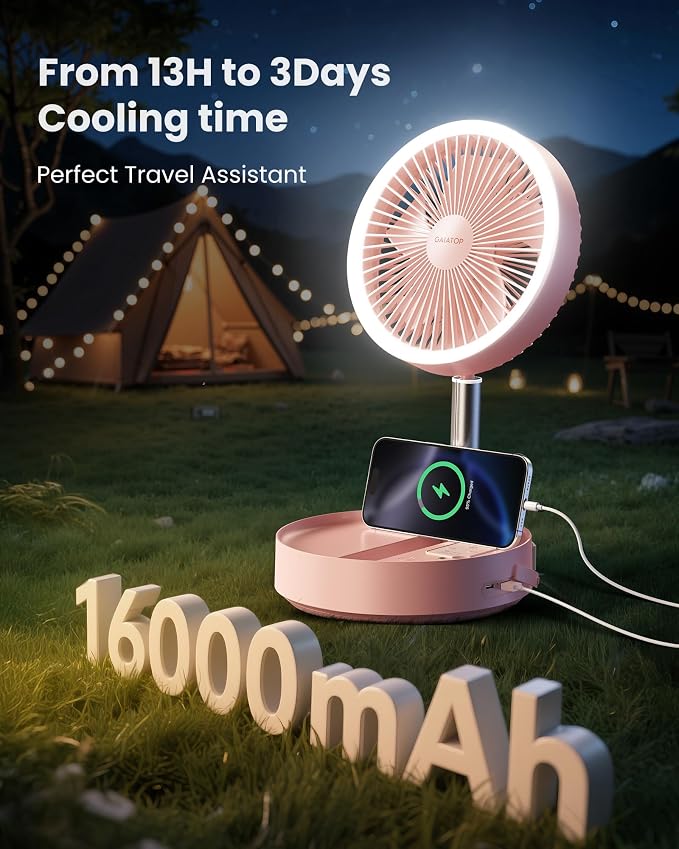 Gaiatop Portable Pedestal Fan 16000mAh Battery [Max 74h Runtime], Foldable Oscillating Standing Fan, Collapsible Desk Fans, LED Light, Case & Remote Control, 4 Speeds for Outdoor Travel Camping (Pink)