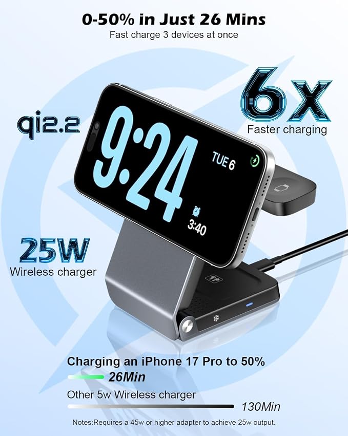 CloudValley 3-in-1 Magnetic Travel Wireless Charging Station, 25W Foldable Charging Stand with TEC Active Cooling Fan, Design for MagSafe iPhone 17/16, AirPods & Apple Watch（Adapter Included