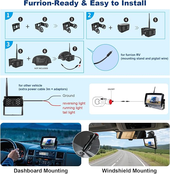 VTimes Wireless Backup Camera for Trucks, RV Backup Camera with 7" HD Monitor, 4 Channels Split Screen, BSD Alert, 984ft Signal Range, IP69K Waterproof IR Night Vision Wide Angle, DIY Guide Lines