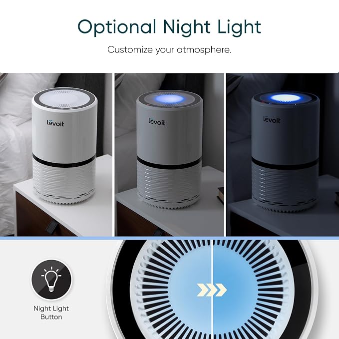 Levoit Air Purifier for Home, AHAM VERIFIDE, High-Efficiency Filter for Smoke, Dust, Pollen, and Odors in Bedroom, Office, or Nursery, Optional Night Light, Quiet Operation, LV-H132, White