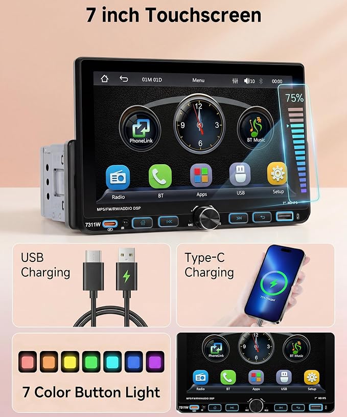 Single Din Car Stereo Carplay Android Auto, 1 Din Head Unit Bluetooth 5.2 Backup Camera, 7 inch IPS Touchscreen Radio, FM/AM/RDS Radio, EQ USB-Type-C, Mirror Link SWC, Car Stereo Receivers