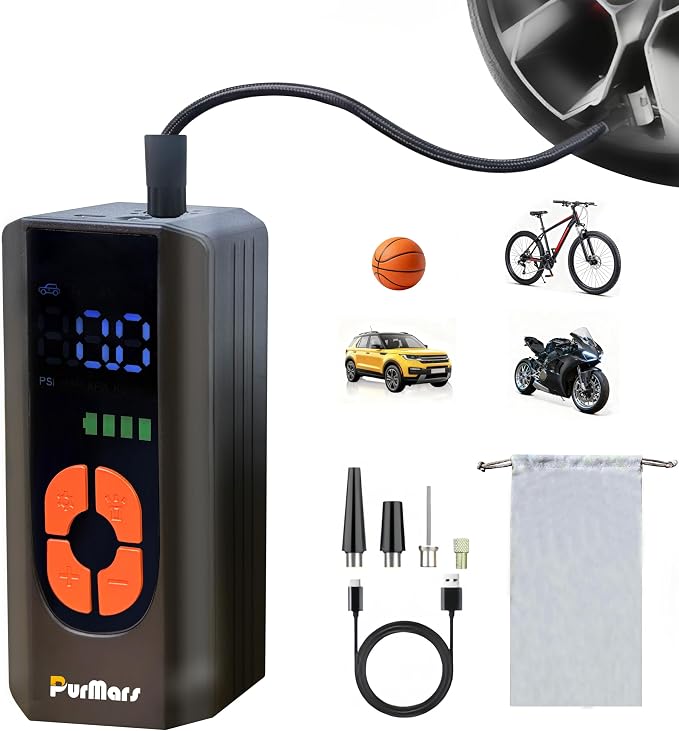 Tire Inflator Portable Air Compressor,Cordless Mini Pump,150PSI Car Tires Air Pump with Pressure Gauge,USB-C Rechargeable Electric Air Compressor for Motorcycle,Bike,Balls,LED Light,Auto Stop