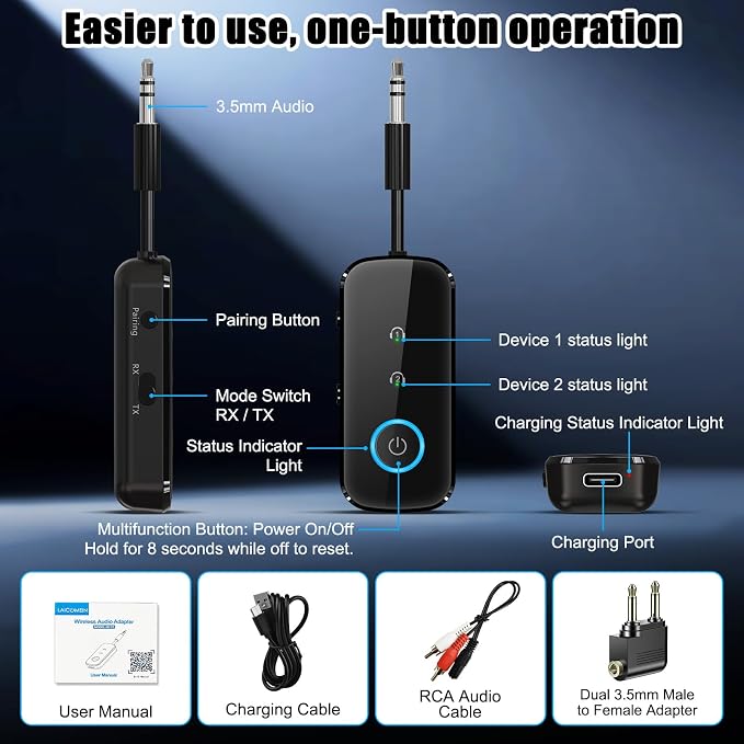 Premium Pro Bluetooth 5.4 Transmitter Receiver – Airplane Travel Essentials,aptX LL, 2-in-1 Wireless Adapter for TV/Flight/Gym, Works with 2 AirPods/Headphones, Bluetooth Receiver for Car/Home Stereo