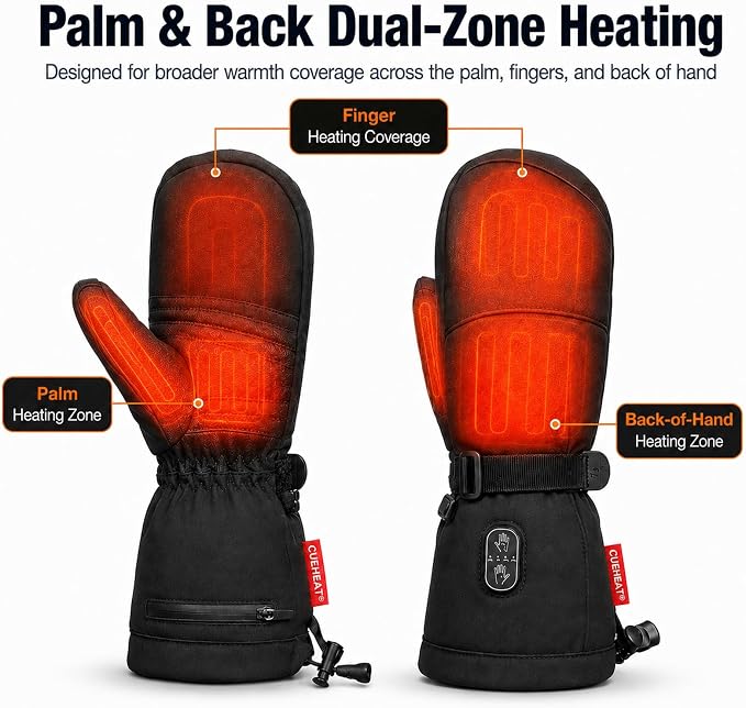 CUEHEAT Heated Gloves, Palm & Back Double Heating, Winter Outdoor Windproof Warm Thick Gloves, Battery-Powered Hand Warmer