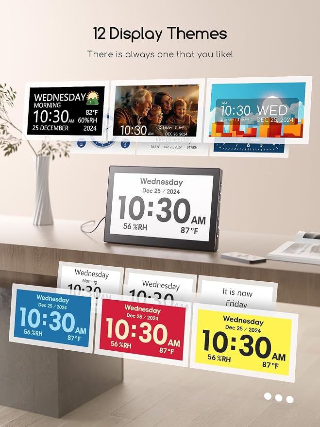 Raynic Digital Clock, 10.1 Inch Large Display Calendar Clock with 12 Themes, 20 Alarms, 20 Reminders, Auto Dimming, 12/24 Hours, Indoor Temperature, Humidity for Seniors, Desk (Black)