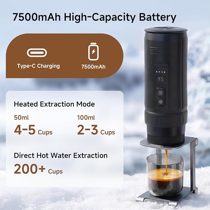 HIBREW H4C Ultra Portable Electric Espresso Maker, 51mm Bottomless Professional Coffee Maker, USB-C Rechargeable for Ground Coffee, Compact for Camping and Travel, with Foldable Holder & Carrying Case
