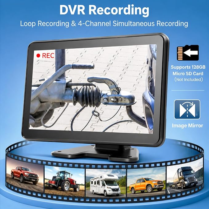 4 Wired Backup Camera System for Truck/RV, 10.1" HD 1080P Plug and Play Touch DVR Quad Split Monitor & 4 Side/Rear Camera Waterproof IR Night Vision Vibration-Proof for Trailer/Tractor/Heavy Equipment
