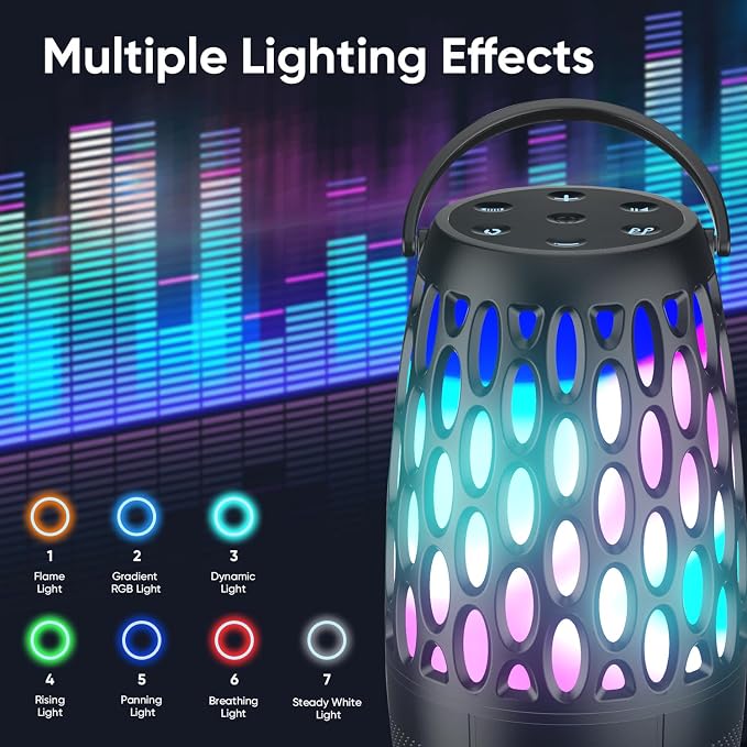 Outdoor Speakers, Portable Wireless Speaker with Flame Lights, Multi-Sync up to 100 Speakers Auto-Pairing HD Stereo Sound Waterproof, Hook for Patio Yard Porch, Gifts for Men Women