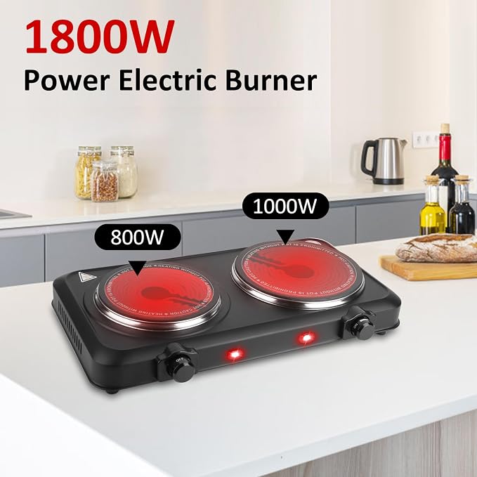 Infrared Dual Burner, 1800W Portable Electric Hot Plate with 7.5” & 6.3” Glass Cooktop, Stepless Temperature Control Countertop Stove for Home RV Camp, Dual Hot Plates
