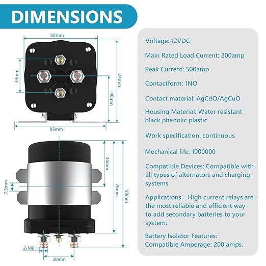 Newdeli 200Amp Battery Isolator 12V Relay Continuous Battery Isolator and Relay for Mobile Audio Marine Off-Road Cars RVs ATVs UTVs Boats