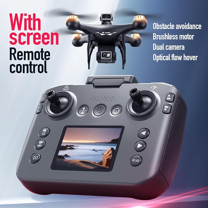 Hobby RC Drone with Screen-equipped Remote Controller, Dual Cameras & Optical Flow Positioning. Built with 6-Channel Gyro and Brushless Motor. Features Headless Mode, Hovering, One-Key Takeoff and Altitude Hold. Comes with 2 Batteries. Easy-to-operate ...