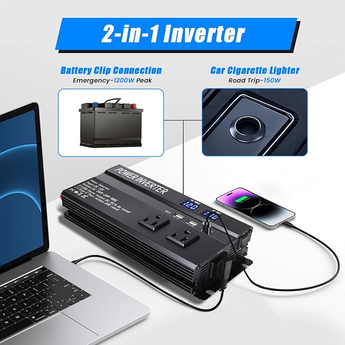 1200W Peak Power Inverter, Inverter 12v to 110v with Fast Charging 2.4A USB、Type-c and 3 AC Outlets Ideal,Power Converter Car for Road Trips, Camping, Rv, Truck, and Camping Power Needs