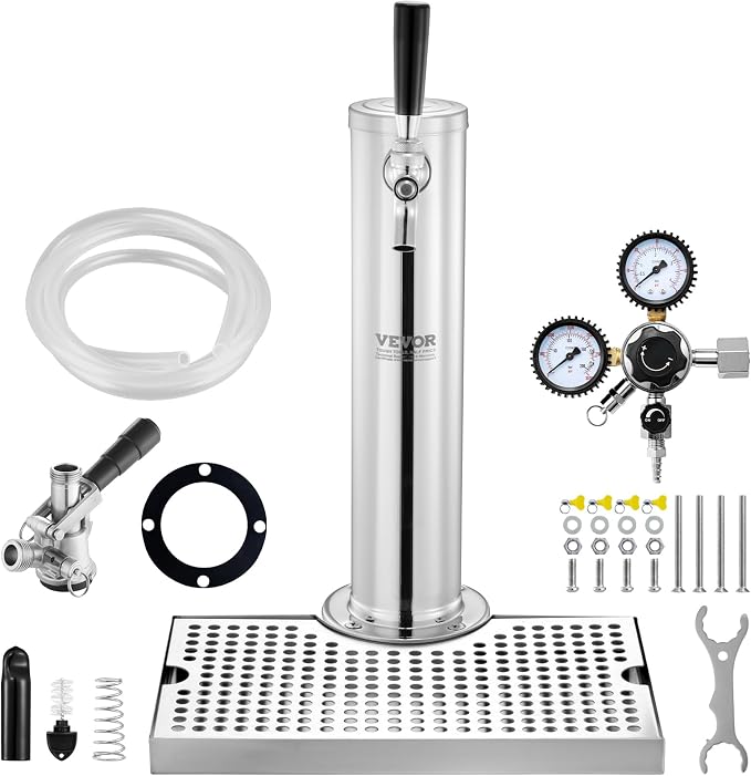 VEVOR Kegerator Tower Kit, Single Tap Beer Conversion Kit, Stainless Steel Keg Beer Tower Dispenser with Dual Gauge CGA320 Regulator & D-System Keg Coupler, Beer Drip Tray for Party Home