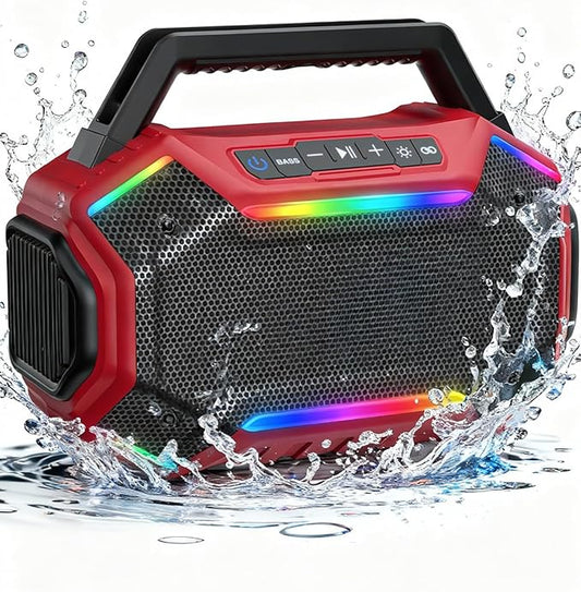 Qozybuds Bluetooth 6.0 Speaker, 80W(Peak) Loud Speaker with Bass, 30H Working Time, IPX6 Waterproof Large Jobsite Speakers with TWS, RGB Lights for Work, Outdoor, Workshop, Garage (Red)