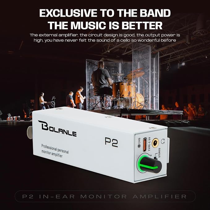 Bolanle P2 USB-C Portable in-Ear Monitor Amplifier, 5V DC/AAA Battery, XLR/TRS Input 3.5mm Output, 7-Color LED, Stereo/Mono Switch for Keyboardists, Drummers, Live Stage