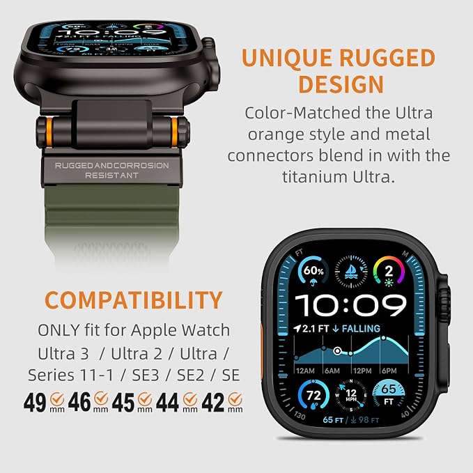 FOAMUNOC Rugged Band Compatible with Apple Watch Ultra 3/2/1 Band 49mm/46mm/45mm/44mm/42mm, Metal Connector with Strap for iWatch Ultra Series 11/10/9/8/7/6/SE3/SE2/SE/5/4/3/2/1, Army Green/Black
