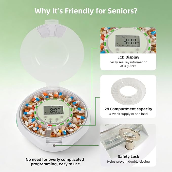 EziMedPil Automatic Pill Dispenser with Ergonomic Lid Design for Seniors | Easy Use Top Key Lock, 9 Daily Alarms & Sound-Light Reminder, Large LCD & Clear Lid Monitoring for Dementia & Senior Care