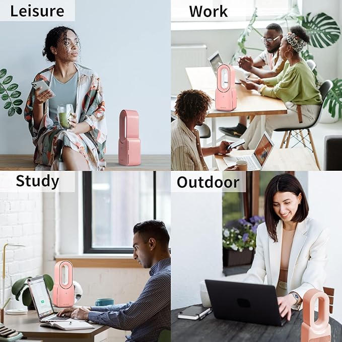 Misby Rechargeable Bladeless Desk Fan, 11.8 Inch with 5-Color LED Light, Small Quiet Table Fan for Bedroom Home Office Desk, Pink