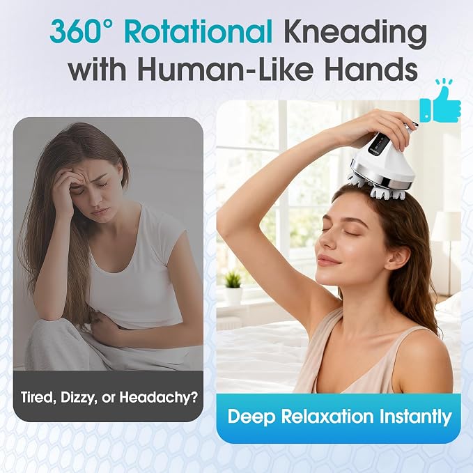 Electric Head Scalp Massager, Scalp Cleaning Tool Waterproof, Soft Silicone Heads with 108 Kneading Nodes, for Hair Growth, Portable Handheld Massage Stress Relax, 4 Modes, Gift for Men Women, White