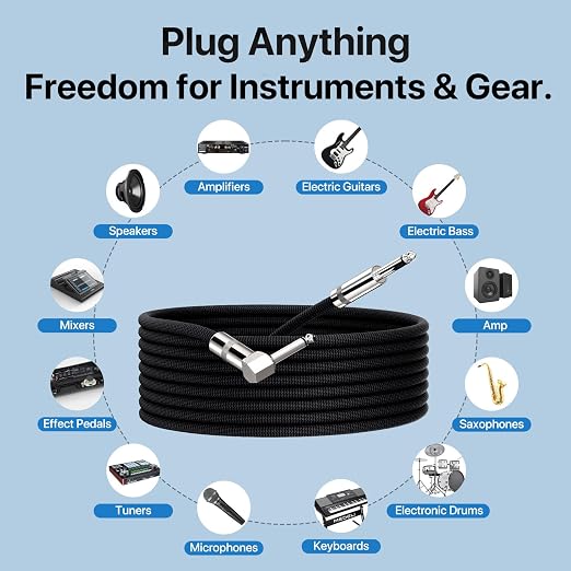 Guitar Cable 10FT, Amp Chord Electric Guitar Aux Amp Cord Braided, TS 1/4 Quarter Inch Straight to Right Angle Bass Instrument Cables Pro Audio (Black, 1Pack)