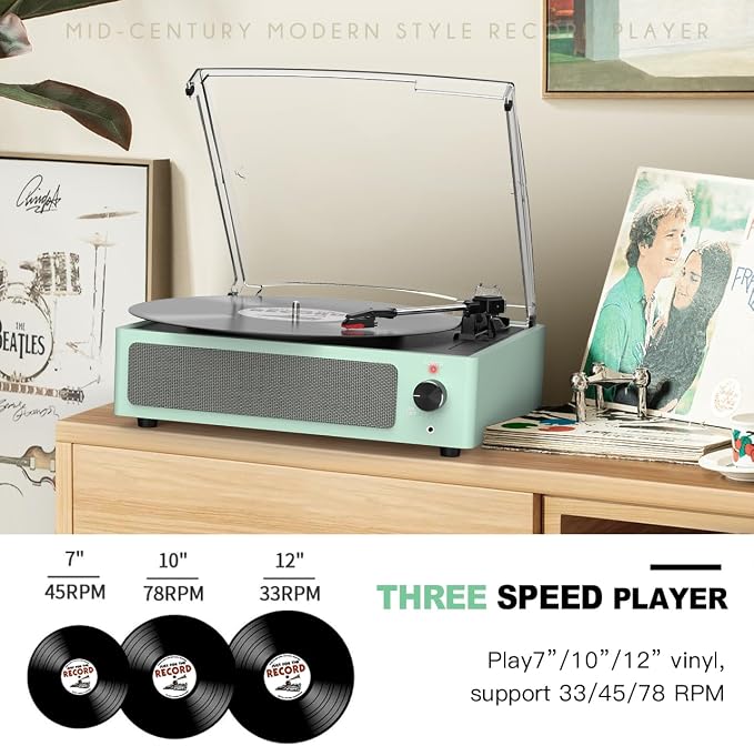 Record Player for Vinyl with Speakers Turntable Vinyls Records Belt-Driven Turntables 3-Speed 3 Size Wireless Bluetooth Headphone AUX-in RCA Line LP Vinyl Players Auto Stop New Sleek Pale Green