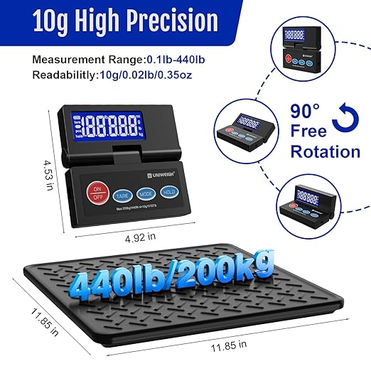 UNIWEIGH 440lb Postal Scale,10g Accuracy Digital Shipping Scale for Packages with Backlit LCD,Alloy Steel Platform,USB-A/Battery Power,Tare/Hold/Auto-Off,Mail Scale for Small Business Postage Weighing