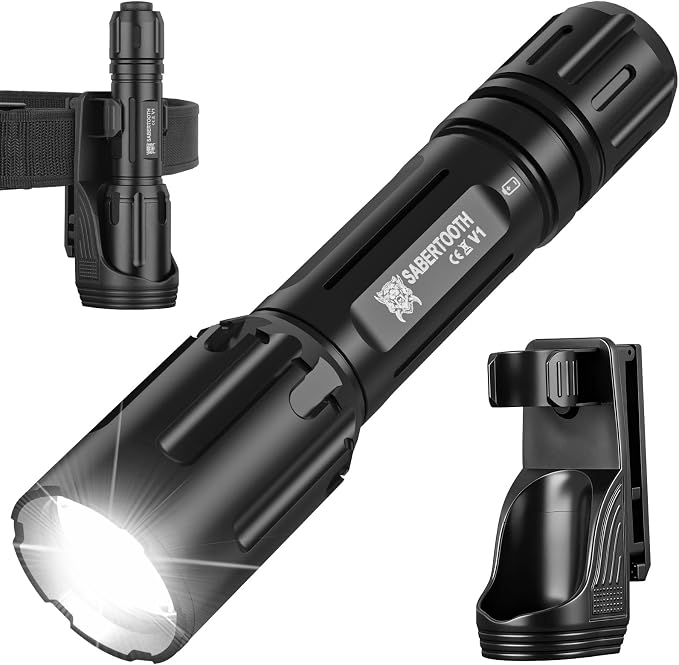 SABERTOOTH 2200 High Lumens Tactical Police Flashlight with Duty Belt Holster, Professional Law Enforcement Flashlight for Work, Camping, Outdoor & Self Defense