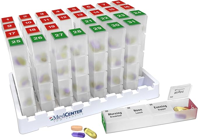 Medcenter Monthly Pill Box Organizer HSA/FSA, 4 Times a Day, Extra Large 31 Daily Pill Cases with Compartments for Vitamins, Supplements, Medication, 31 Day Pill Organizer