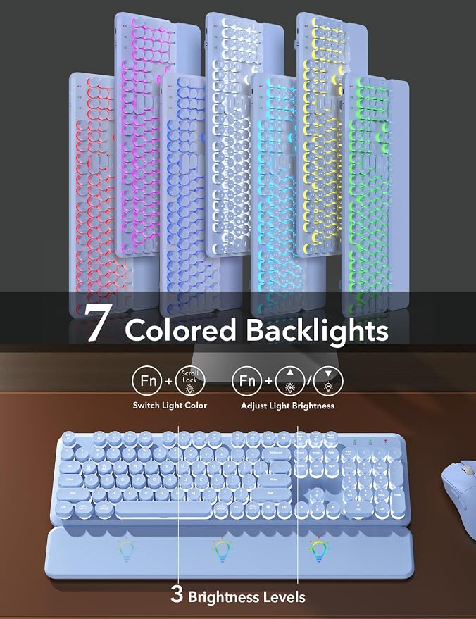 Wireless Keyboard and Mouse Backlit - Purple Typewriter Keyboard with Magnetic Wrist Rest, Retro Round Keycaps, Light Up Letters, 2.4GHz Cordless Combo for Windows, PC, Laptop, Trueque [Upgraded]