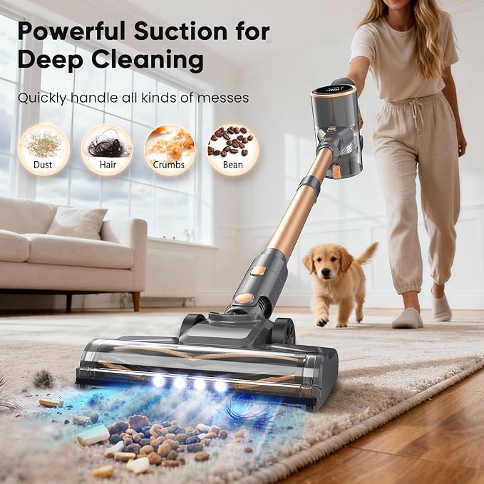N12S Cordless Vacuum Cleaner, 30KPa Powerful Vacuum with 60 Mins Runtime, Self-Standing, LED Display, Rechargeable Lightweight Handheld Vacuum Cleaners (Grey)