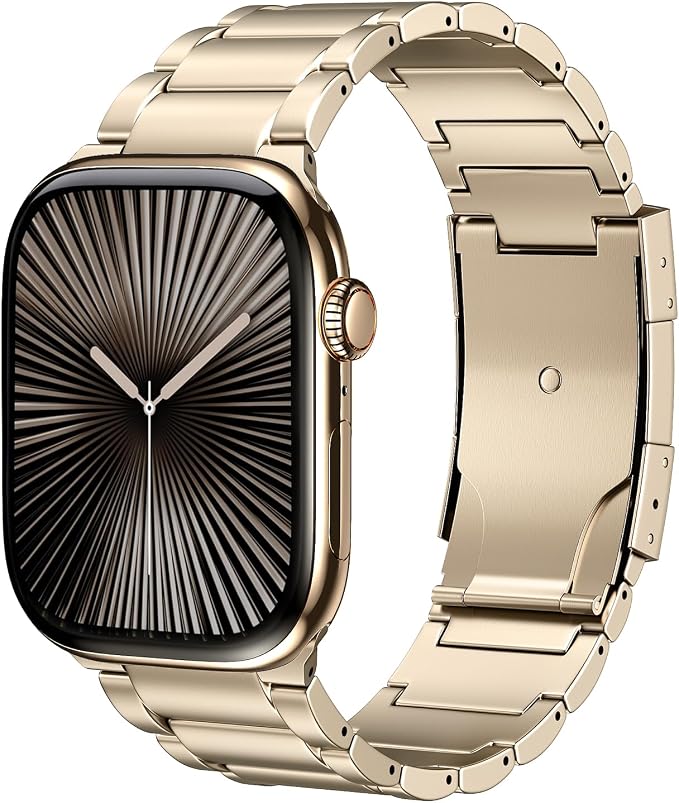 Titanium Band Replacement Compatible with Apple Watch Band Ultra 3 Ultra 2/Ultra 49mm,iWatch Series 11/10 46mm,9/8/7 45mm,SE3/SE2/SE/6/5/4 44mm,3/2/1 42mm, Titanium Watch Band, Champagne Gold