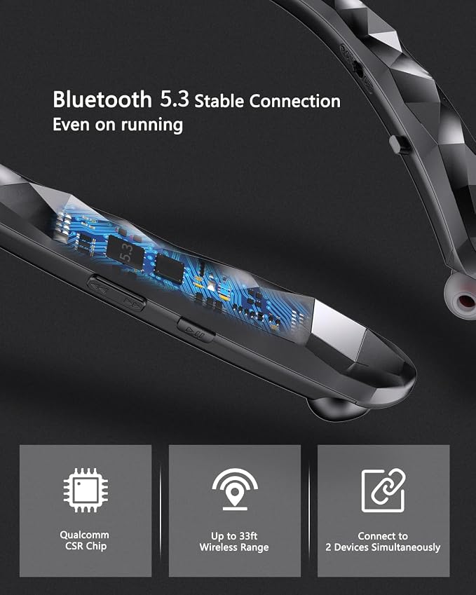 Neckband Bluetooth Headphones, Retractable Headphone Design with IPX5 Waterproof & Vibration Alerts, Neckband Headphones Stereo Noise Cancelling for Gym/Office