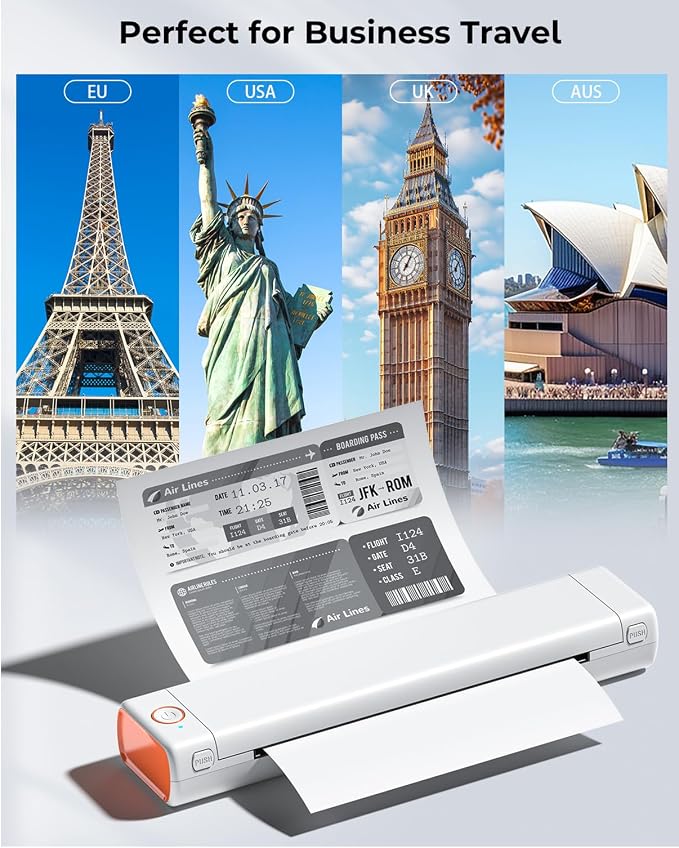 Phomemo Portable Printers Wireless for Travel, M08F Thermal Bluetooth Printer Support for 8.5"x11" US Letter, Inkless Printer Compatible with iOS, Android,White,1 Printer + 10 Sheets of Thermal Paper