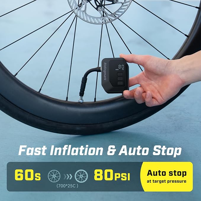 Mini Bike Pump with Gauge, 120 PSI Electric Bicycle Pump with Presta and Schrader Valve, ±1 PSI Accuracy Auto-Stop Portable Electric Bike Air Pump, for Mountain Bike, Road Bike, Motorcycle