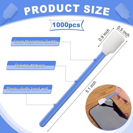 Macarrie 1000 Pack Cleaning Swabs 5.1 Inch, Foam Tips Sponge Sticks for Printer, Electronics, Camera, Optical Lens, Sewing Machine (Blue)