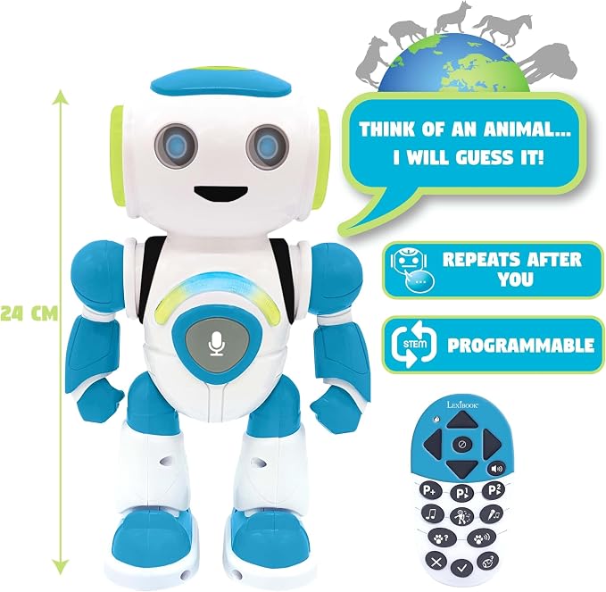 LEXiBOOK - Powerman Jr. Smart Interactive Toy Robot That Reads in The Mind Toy for Kids Dancing Plays Music Animal Quiz STEM Programmable Remote Control Boy Robot Junior Green/Blue - ROB20EN