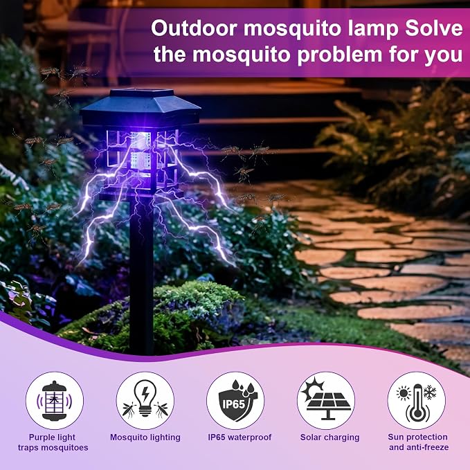 4 Pcs Solar Bug Zapper Outdoor Waterproof 2 in 1 Mosquito Zapper Solar Powered Mosquito Fly Trap Repellent Lamp Kills Bugs LED Lamp with White Purple Light for Garden Patio Yard Lawn (Black)