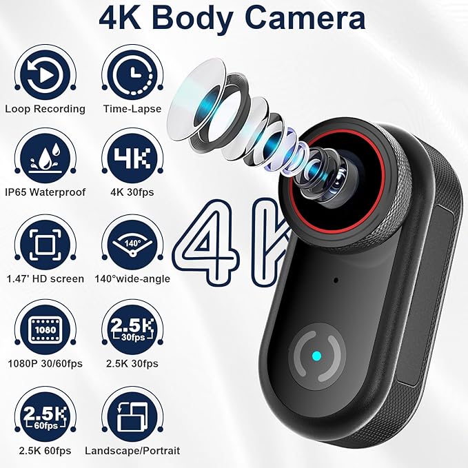 Mini Body Camera with 32GB Card, 4K Wearable Action Camera with 1.47” HD Screen, 140° Wide Angle, Magnetic Necklace & Mounts, APP Sharing, Loop Recording, POV Cam for Work, Sports, Pets & Daily Life